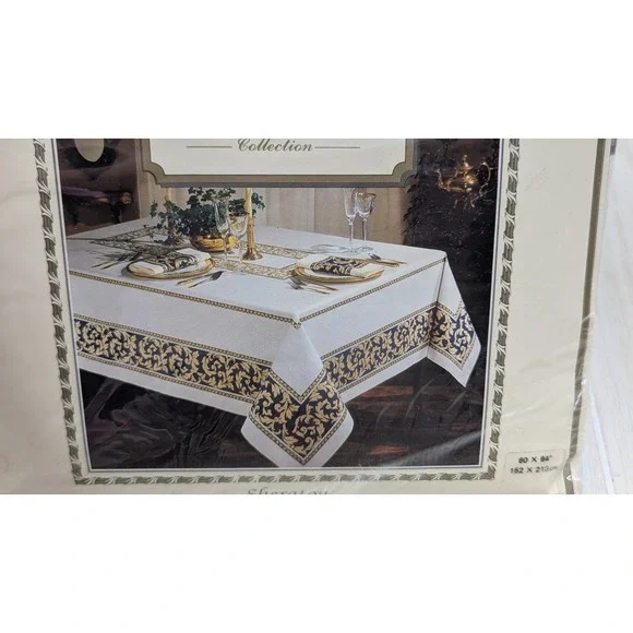 Statements Tablecloth 60x84 White Gold Black Sheraton Collection Baroque Floral