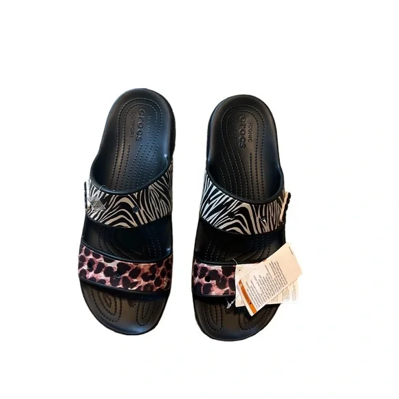 Crocs Classic Crocs Animal Remix Sandals Unisex Black Multi Slides‎ M 14 NWT