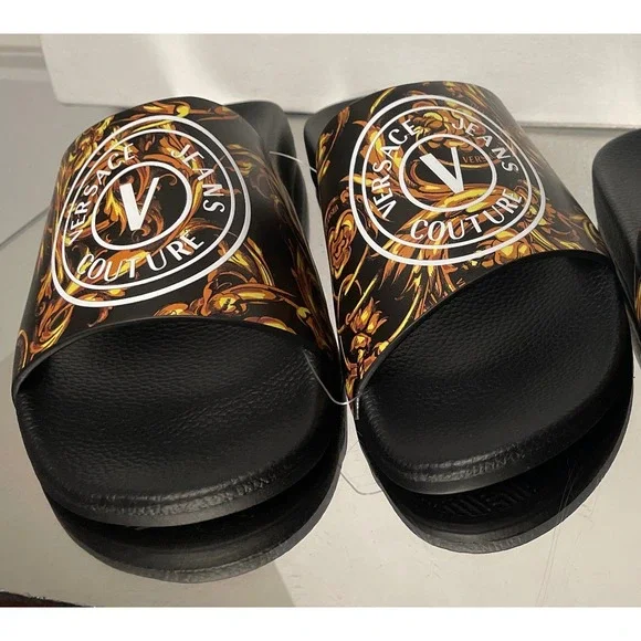 Versace Jeans Couture Mens Gold Black Logo Slide Sandals Summer Shoes New