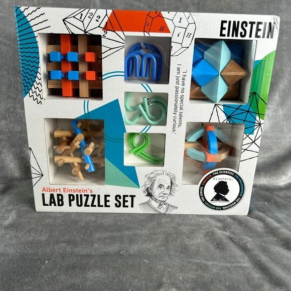 Albert Einstein Lab Puzzle Set 7-in-1 Brainteaser Wooden Metal Logic Games New