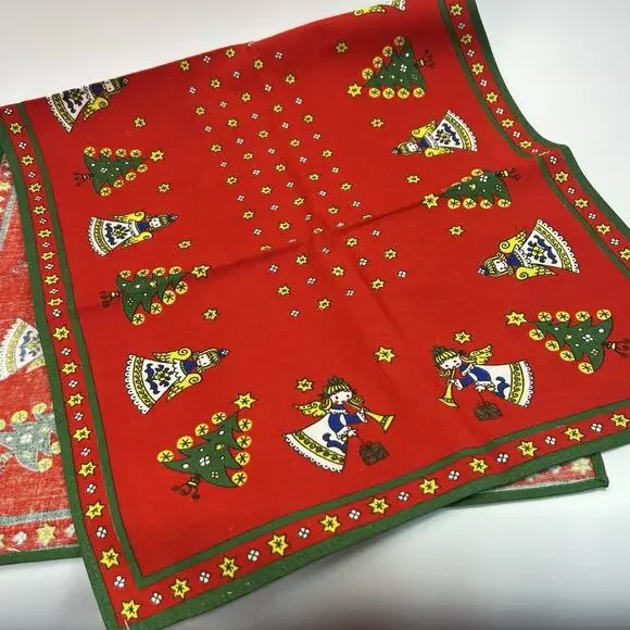 Vintage KOLF Austria Christmas Table Runner Red Angels Trees Cotton 16x34