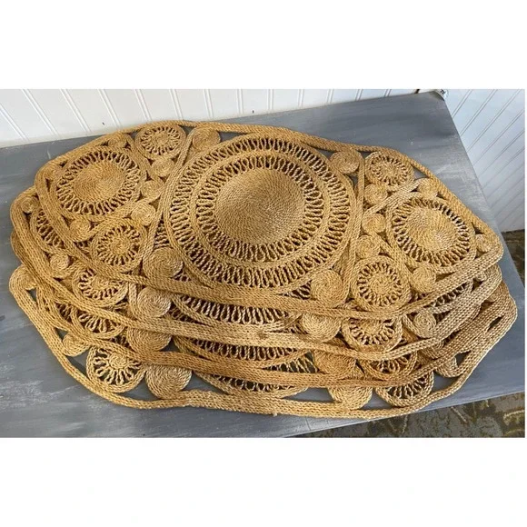 4pc Woven Straw Placemats/Table Runner Natural Fiber Boho Oval Medallion Cottage