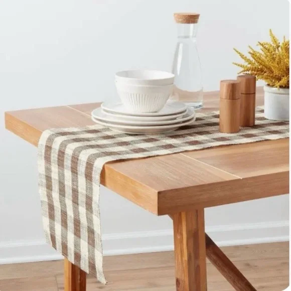 Threshold Plaid Brown & Tan Table Runner - Hemp - Rayon Cotton- Linen Blend