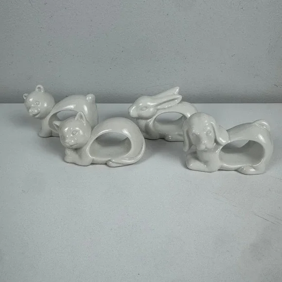Vtg White Ceramic Animal Napkin Rings Set of 4 Bear Cat Rabbit Dog whimsical