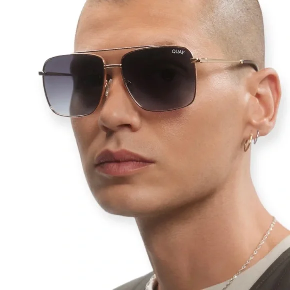 QUAY Hot Take Sunglasses Gold Frame Smoke Gradient Lenses Square Aviators Unisex