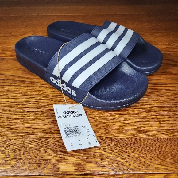 adidas Adilette Shower Slide Sandals - Navy with White Stripes