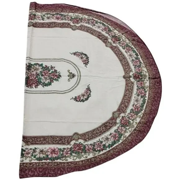 VTG Christmas Tablecloth 58x41 Oval Rectangle Burgundy Poinsettias Green Gold