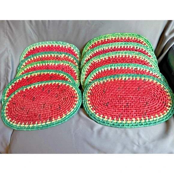 (10) Vtg Watermelon Red Green Hand Woven Rattan Oval Placemats‎ Summer Party