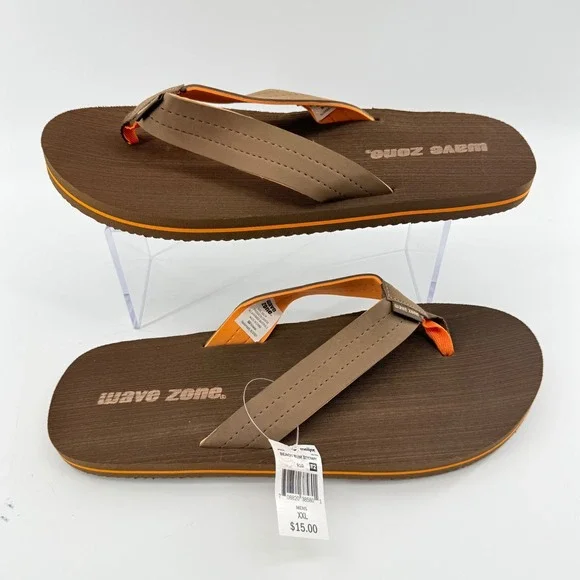 NEW Wave Zone Mens XXL 14 Flip Flops Brown Orange Beach Bum Thong Sandals Summer