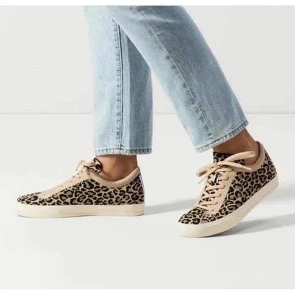 Rothy's Little Dessert Cat Lace Up Wmns 8.5 Tan Black Animal Print Knit Sneaker