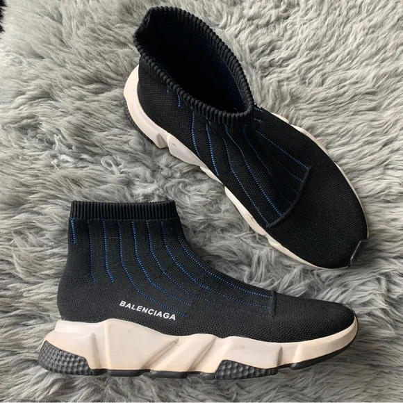 Women’s 40 BALENCIAGA Black Blue Striped Mid Speed Sock Trainers Sneakers‎
