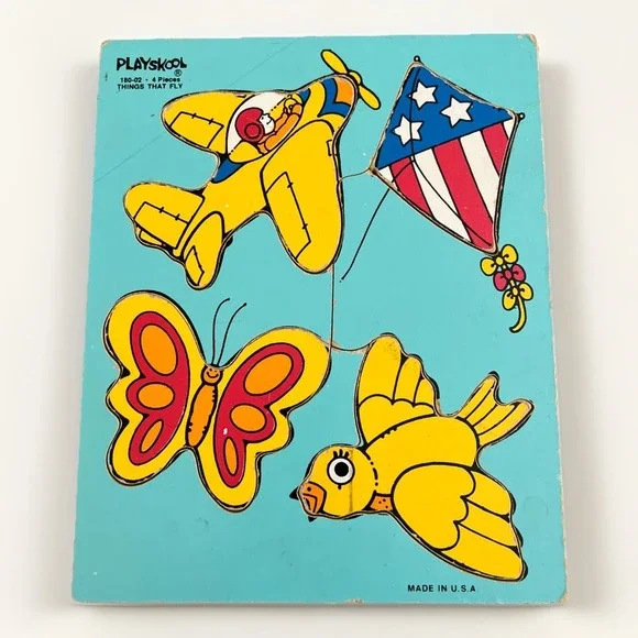PLAYSKOOL Wooden Puzzle Tray Things That Fly Vintage USA Children Toy 80s Retro