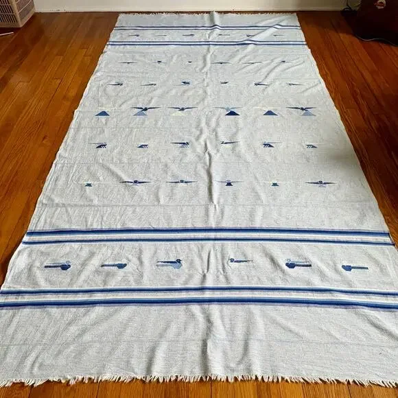Vintage Guatemalan Cotton Tablecloth Blue Bird Embroidery