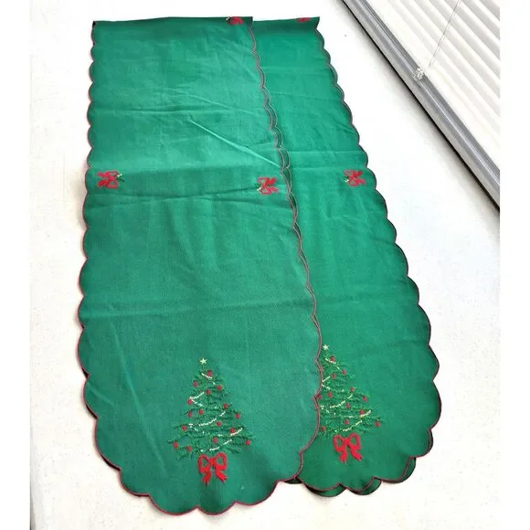 Embroidered Green Christmas Table Runner Set of 2 Holiday Kitchen Decor 12x70