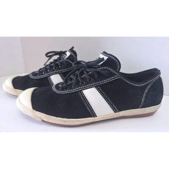 Polo‎ Sport Ralph Lauren Black Suede Low Top Sneakers White Stripe 8B Retro 90s