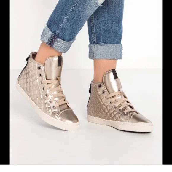 GEOX RESPIRA New Club High Top Boots Quilted Sneakers in Champagne Gold Size 7
