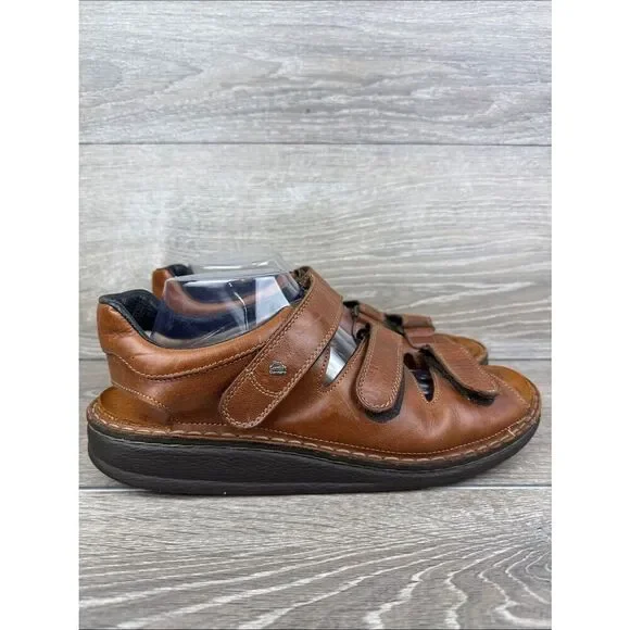 Finn Comfort Tunis Men’s Sz 11/EU 44 Brown Leather 3 Strap Hook & Loop Sandals
