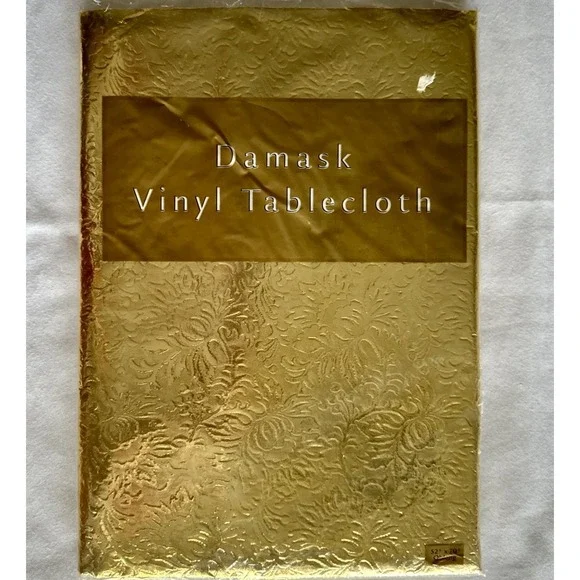 Vtg Gold Vinyl Tablecloth 52x70 Oblong Flannel Back Damask‎ Dayton Hudson New