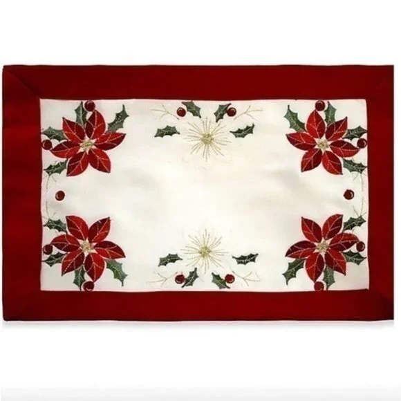 6PC Poinsettia Embroidery Bordered Placemat NEW