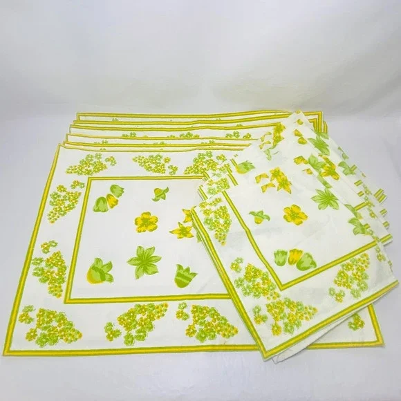 Vintage Floral Set Of 6 Placemats & 6 Napkins Green Yellow‎ Flower MCM 70s Boho