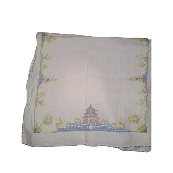 Vintage Pagoda Cross Stitch Linen Tablecloth‎ Oriental Chinoiserie White Blue