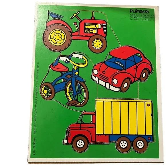 Vintage Playskool Things With Wheels Tray‎ Puzzle 4 Piece 1982 180-04 Ages 1-3