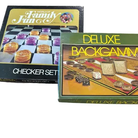Vintage 1973 Board Game Lot - Hasbro Checker Set & Deluxe Backgammon Retro 70s