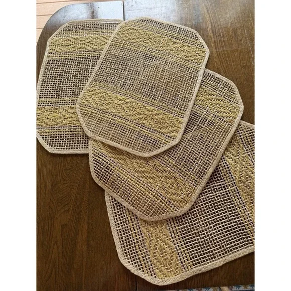 Vintage 70s Boho Open Weave Abaca Sisal Placemats - Yellow & Beige - Set of 4