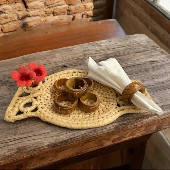 Vintage Hand Carved Teakwood Napkin Rings Made in Philippines (Lot of 6 )