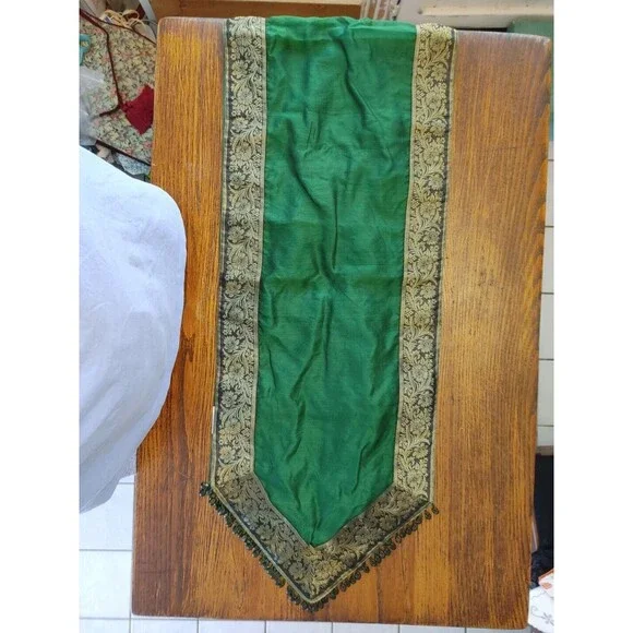 CPK Brand Cotton & Silk Blend Table Runner Green/Gold & Glass Beads 70x14