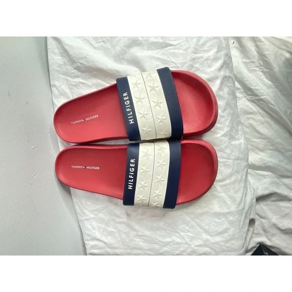 Tommy Hilfiger Red Slides Sandals Stars Flag Print Men's Size 8