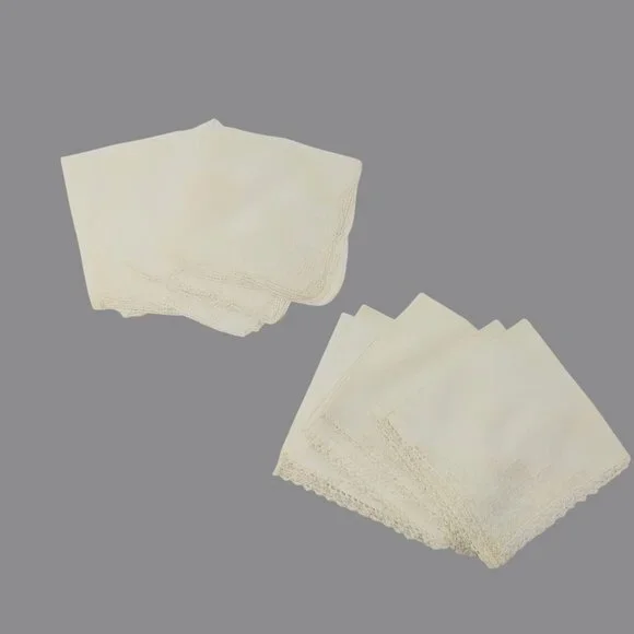 Vintage Napkins Linen Embroidered Crochet Cream 2 Sets