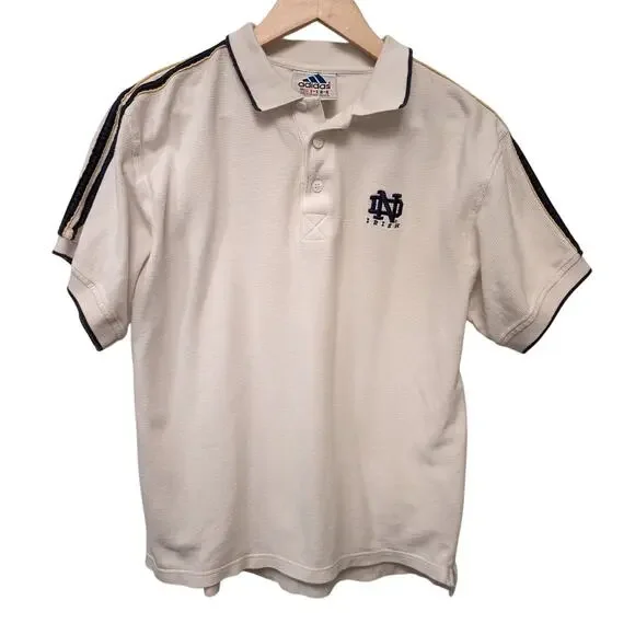 Vintage Adidas Notre Dame Irish Polo Shirt White‎ Stripe Detail Cotton