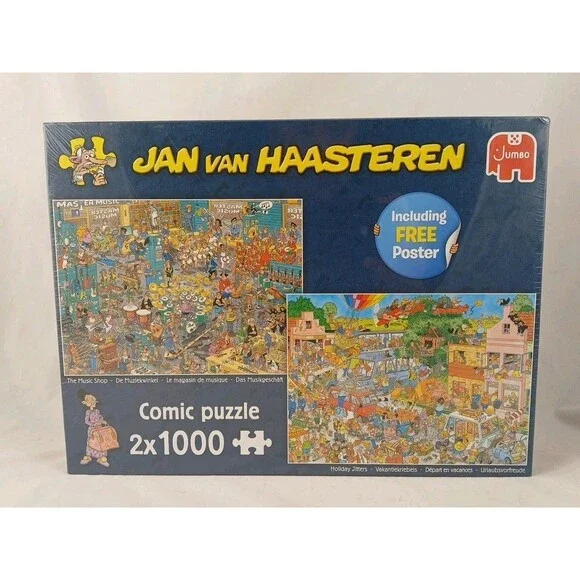 Jan Van Haasteren x2 1000 Piece Puzzles-The Music Shop & Holiday Jitters-NEW!