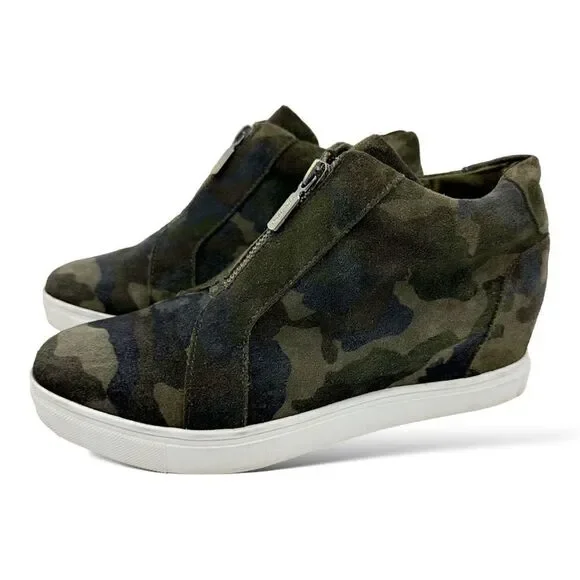 Blondo Glenda Waterproof Green Suede Camo Hidden‎ Wedge Sneakers Sz 8M