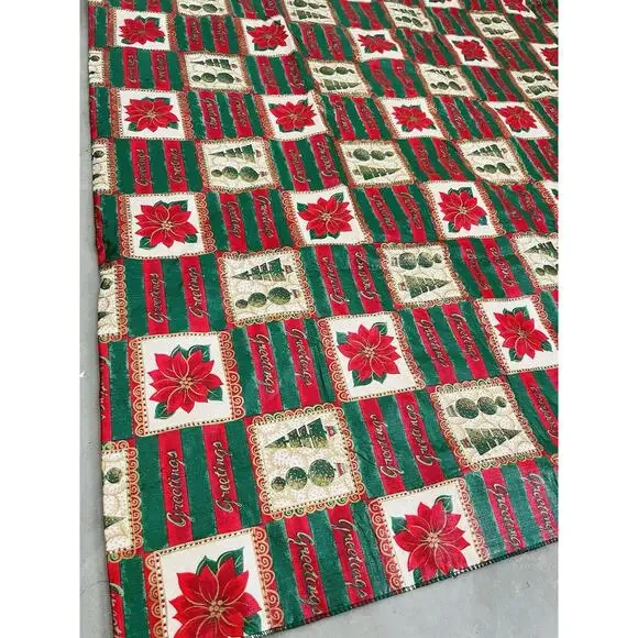 Vintage Vinyl Tablecloth Flannel Backed Christmas Tree Poinsettia Red Tan 98x60