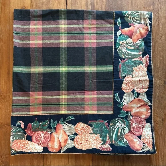 April Cornell Plaid Fruit Border Cotton Tablecloth Autumn Harvest Vintage Square