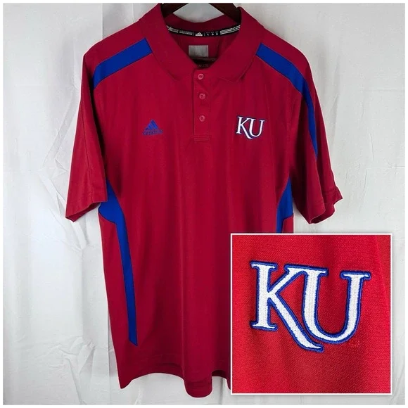 Kansas Jayhawks KU Adidas Climalite Short Sleeve Polo Shirt Men's Size Large Red