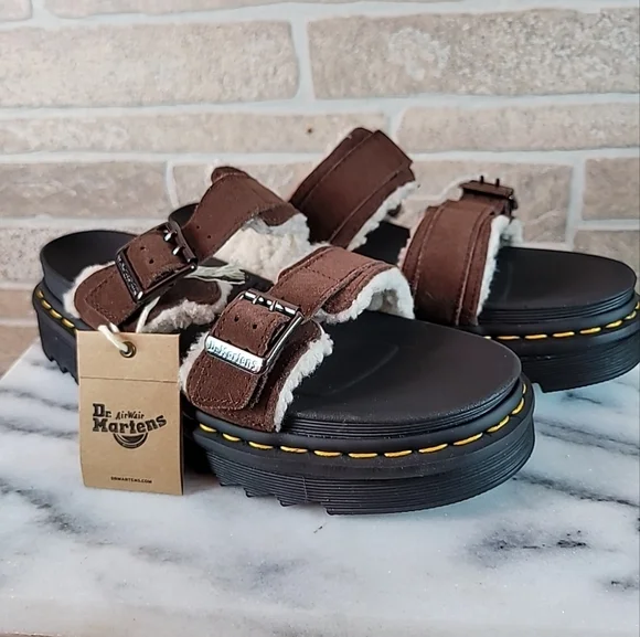 Dr. Martens Myles Fur Lined Buckle Slide Sandals Dark Brown Suede Men’s 9