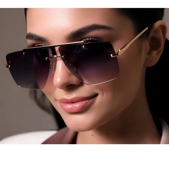 Rimless Sunglasses Women Black Lens Gold Frame Square Shades Classic Retro Gafas