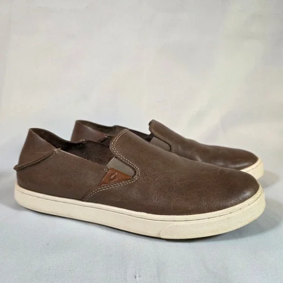 OluKai Pehuea Womens 8.5 Leather Slip On Sneakers Fox Brown Coastal Everyday