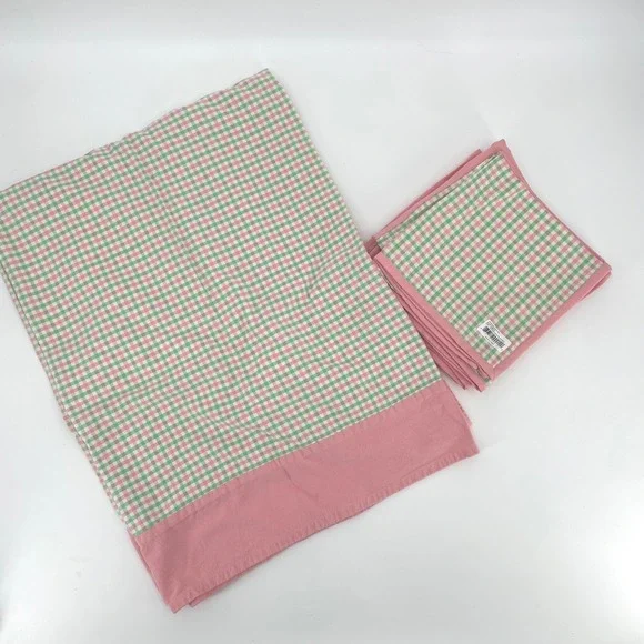 Pomegranate Inc. Tablecloth Napkin Set Pink Green Cotton Gingham Cottagecore
