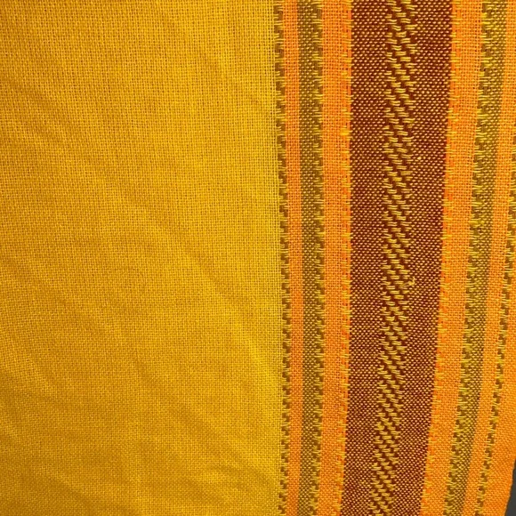 Vintage yellow 70’s‎ tablecloth orange stripes down side 2 in middle 52 x 61 404
