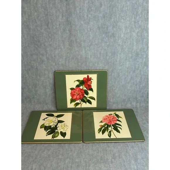 Vintage Botanical Camellia Trivets Set of 3 Green Gold Hot Pads Floral‎ Art