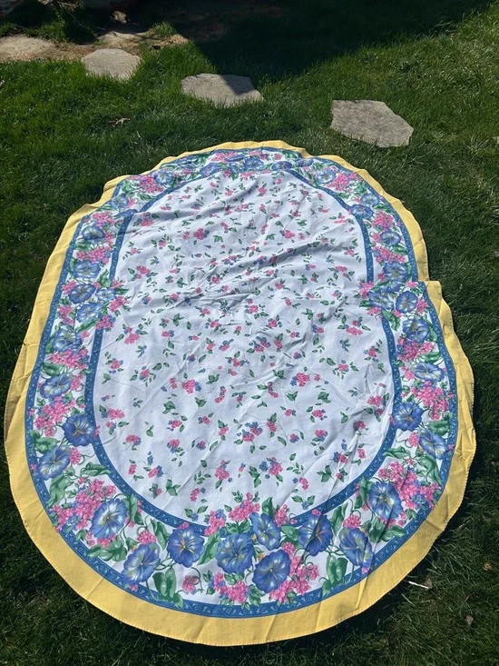 Floral Oval Tablecloth with Yellow Border