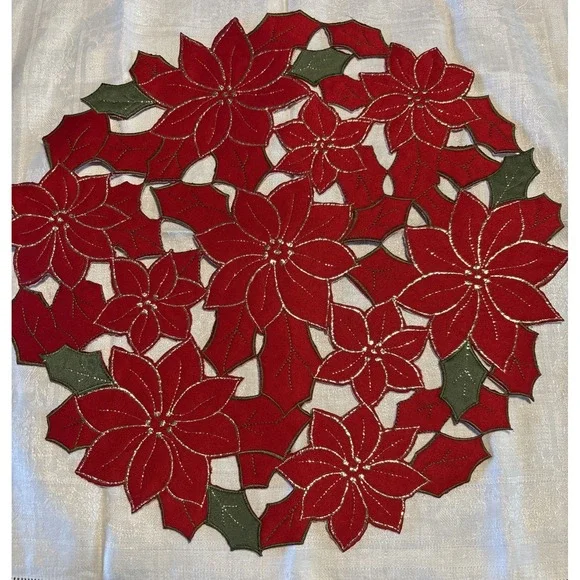 Set 4 Red & Green Poinsettia Embroidered Christmas Table Mats Centerpiece 15