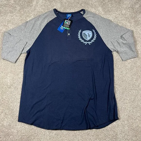 Adidas Mens L Blue Gray Sporting Kansas City MLS Soccer Raglan Sleeve Jersey NWT