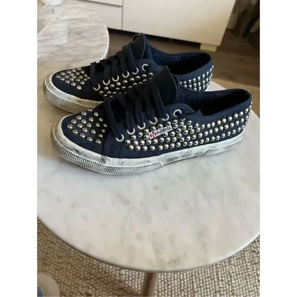 Superga 2750 Navy Distressed Studded Sneakers NEVER WORN