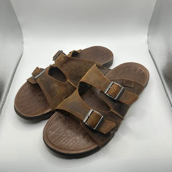 Chaco Wayfarer Slide Sandals Mens Brown Leather Double Strap Buckle J106721