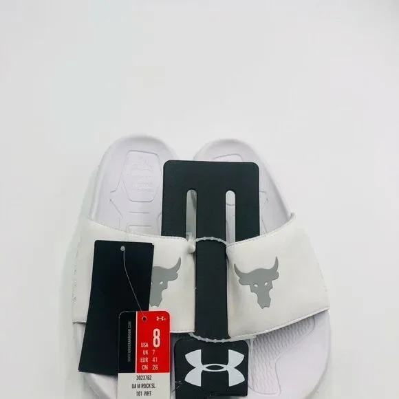 Brand New Under Armour Men's Project Rock Sideline White Slides Size 8 Flip Flop
